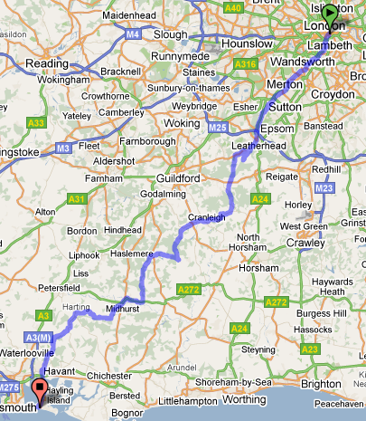 Route followed from London to the South coast